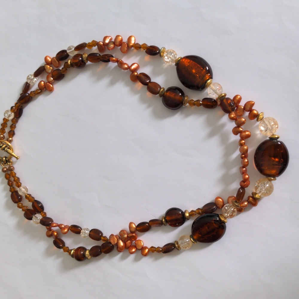 New Double Strand Glowing Brown Beaded Necklace Freshwater Pearls, Art Glass,